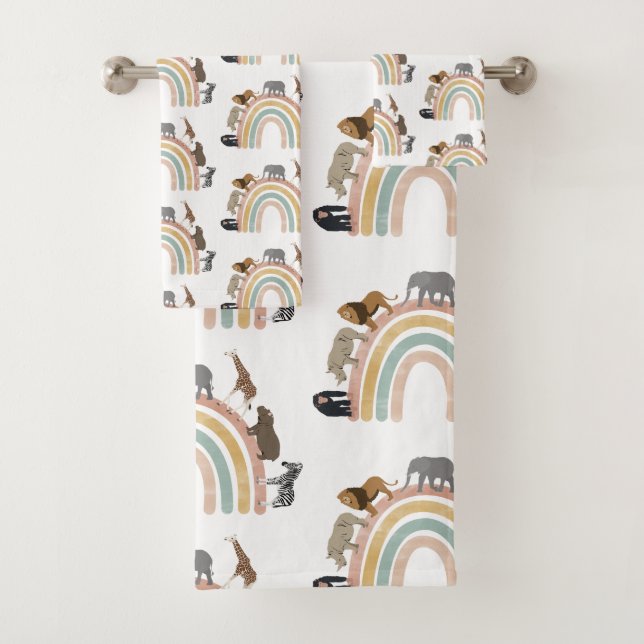 Earthy Colours Rainbow Jungle Animals Pattern  Bath Towel Set (Insitu)