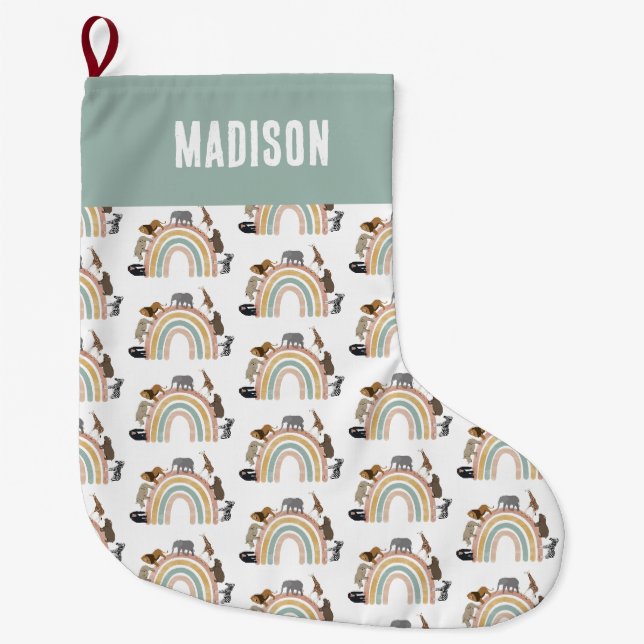 Earthy Colours Rainbow Jungle Animals Pattern  Large Christmas Stocking (Front)