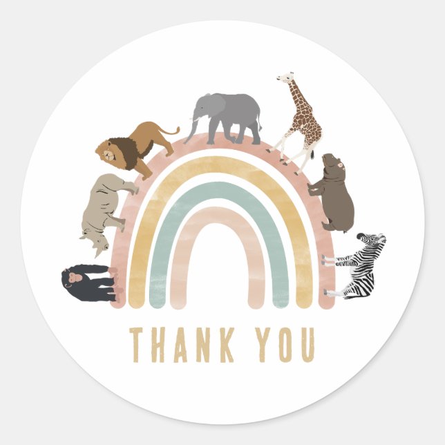 Earthy Colours Watercolor Rainbow Jungle Animals   Classic Round Sticker (Front)