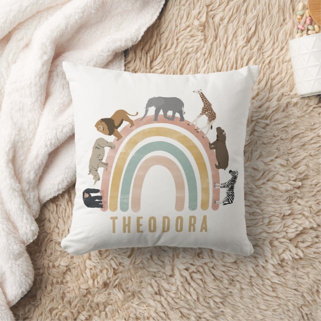 Earthy Colours Watercolor Rainbow Jungle Animals  Throw Pillow (Blanket)