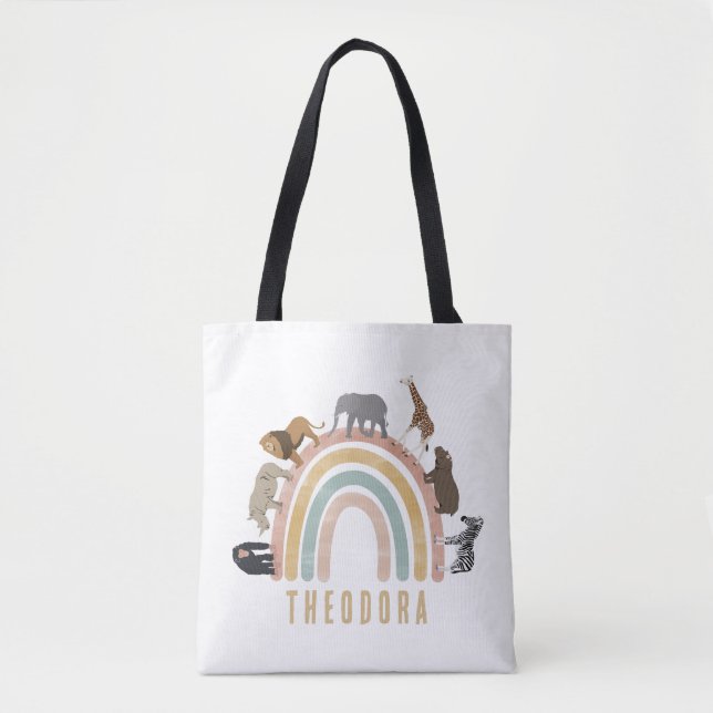 Earthy Colours Watercolor Rainbow Jungle Animals   Tote Bag (Front)