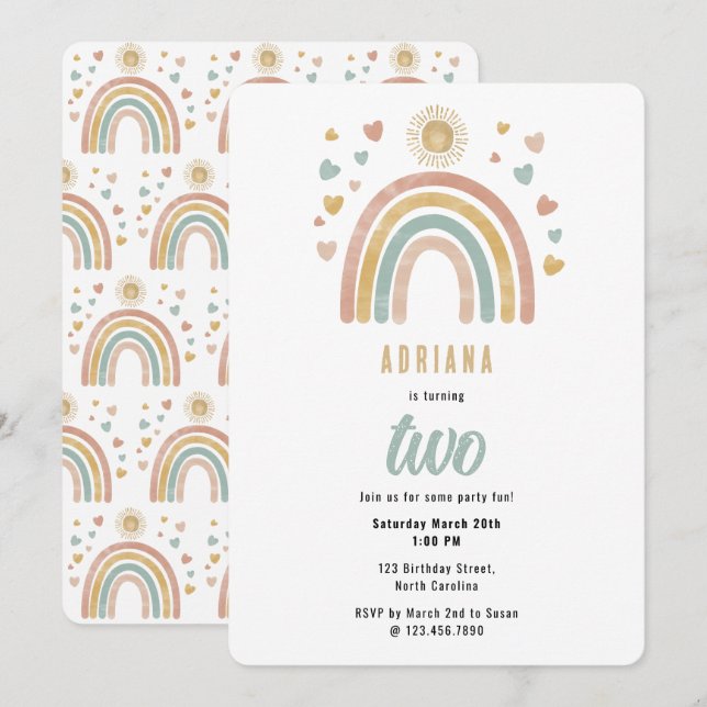 Earthy Colours Watercolor Rainbow Sun Birthday Invitation (Front/Back)