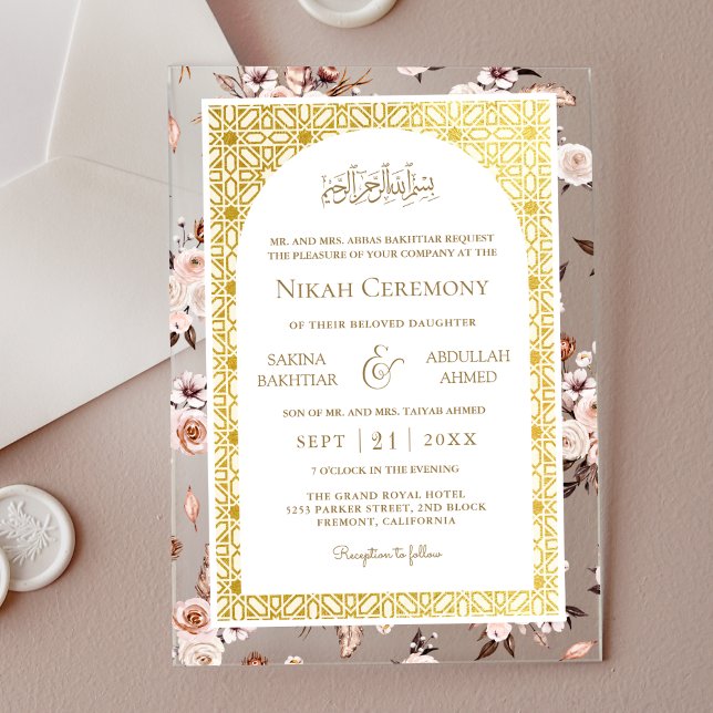 Earthy Cream Floral Gold Pattern Muslim Wedding Acrylic Invitations (Creator Uploaded)