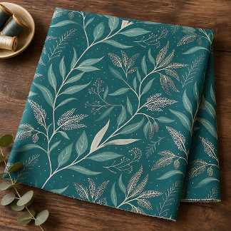 Earthy Deep Teal-Green Botanical Leaf Pattern Fabric