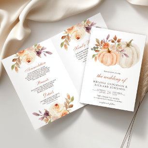 Earthy Dusty Peach Floral Pumpkin QR Code Wedding Invitation