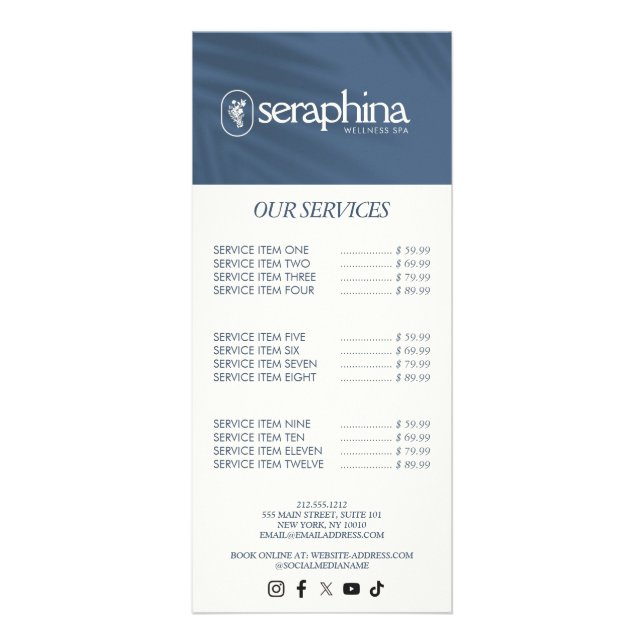 Earthy Elegance Logo Beauty, Wellness, Spa Blue Rack Card (Front)