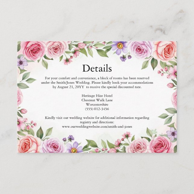 Earthy Elegant Rose Wedding Accommodation Enclosure Card (Front)