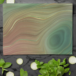 Earthy Emerald Strata Green and Golden Ink Agate Kitchen Towel