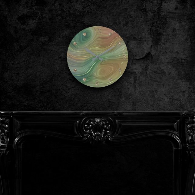 Earthy Emerald Strata | Green and Golden Ink Agate Round Clock (Creator Uploaded)