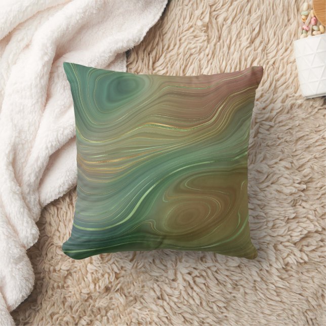 Earthy Emerald Strata | Green and Golden Ink Agate Throw Pillow (Blanket)