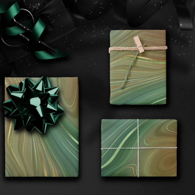 Earthy Emerald Strata | Green and Golden Ink Agate Wrapping Paper Sheet (Creator Uploaded)