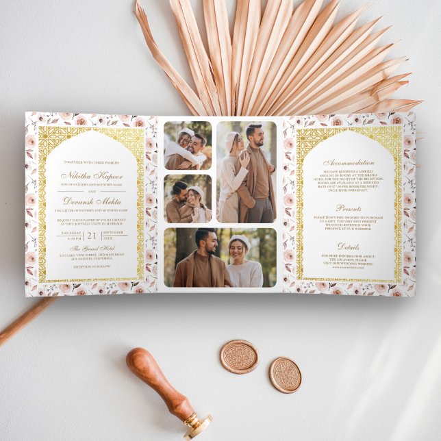Earthy Floral All in One Gold Indian Wedding Tri-Fold Invitation (Creator Uploaded)