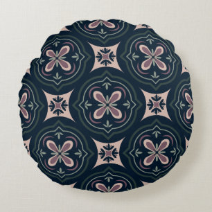Earthy Floral Geometric Tiles Round Pillow