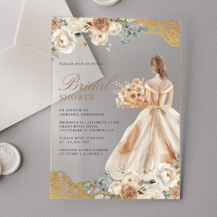 Earthy Floral Gold Lace Gown Dress Bridal Shower Acrylic Invitations