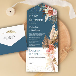 Earthy Floral Pampas Grass Dusty Blue Baby Shower All In One Invitation