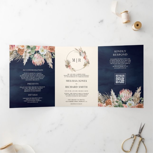 Earthy Floral Pampas Navy Blue QR Code Wedding Tri-Fold Invitation (Inside)