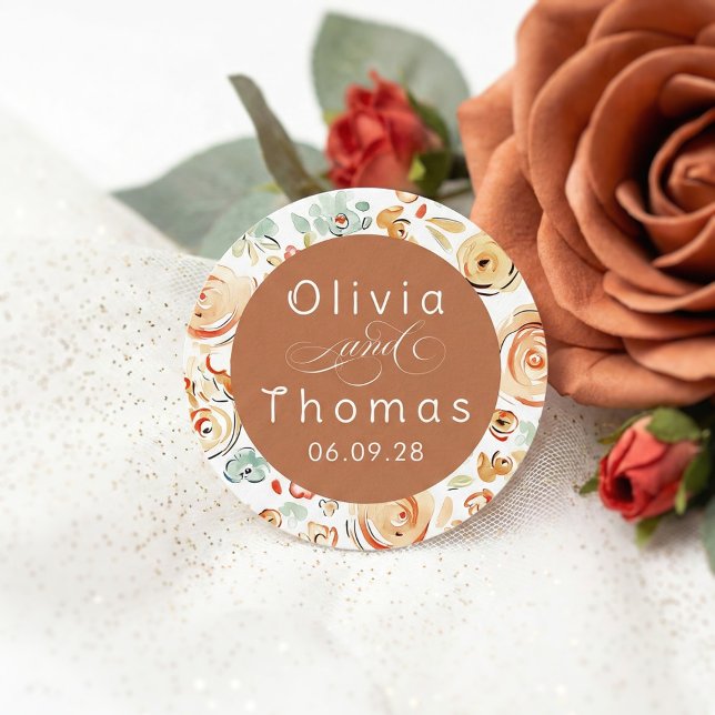 Earthy Floral Whimsical Elegant Fall Wedding Classic Round Sticker (Whimsical Earthy Wedding Stickers with couples names)