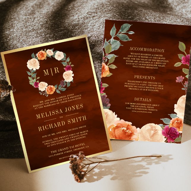 Earthy Floral Wreath All in One Terracotta Wedding Invitation (Creator Uploaded)