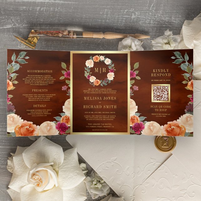 Earthy Floral Wreath QR Code Terracotta Wedding Tri-Fold Invitation (Creator Uploaded)