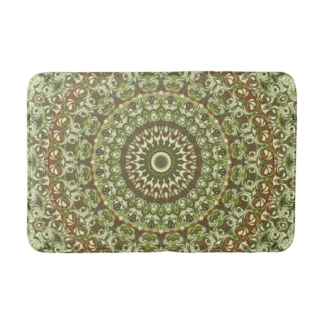 Earthy Green and Brown Mandala Pattern Design Bath Mat (Front)