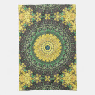 Earthy Green and Yellow Mandala Kaleidoscope Kitchen Towel