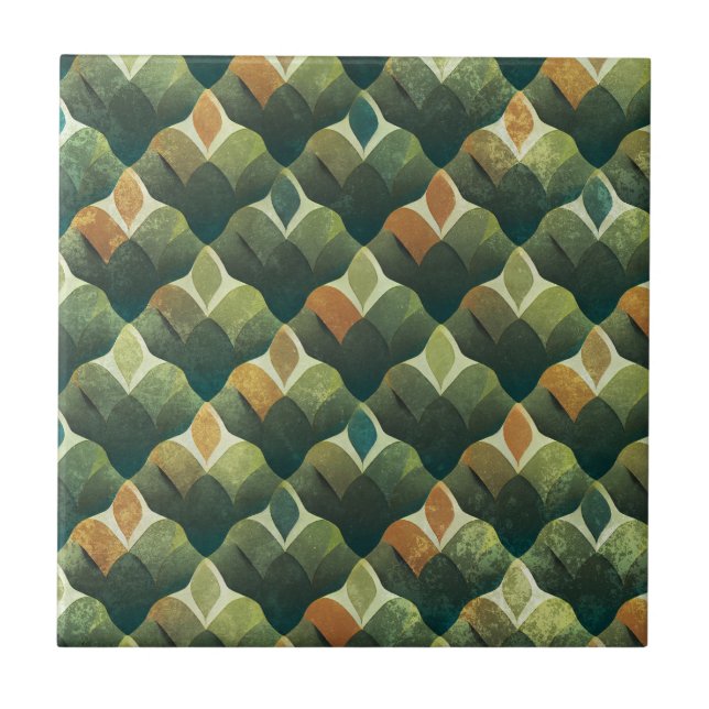 Earthy Green Art Deco Fan Pattern (1) Tile (Front)