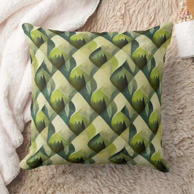Earthy Green Art Deco Fan Pattern (6) Throw Pillow (Blanket)