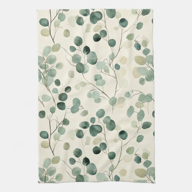 Earthy Green Leaves with Cream Fall Background Kitchen Towel (Vertical)