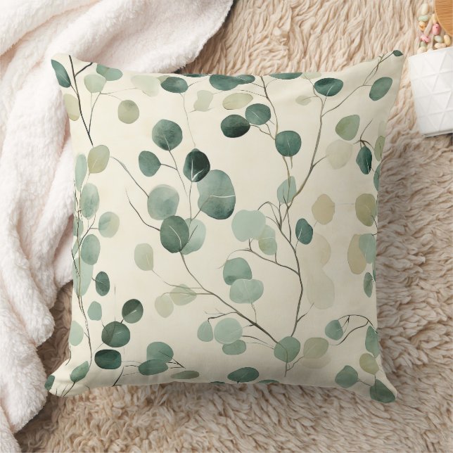 Earthy Green Leaves with Cream Fall Background Throw Pillow (Blanket)