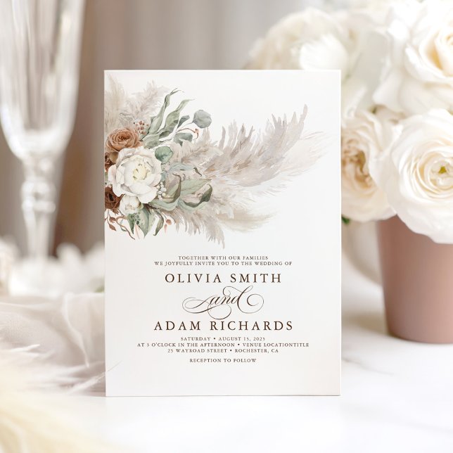 Earthy Greenery Floral Pampas Grass Boho Wedding Invitation (Floral Brown Earthy Wedding Invitation)