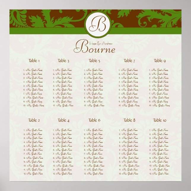 Earthy Hues Green Damask Seating Chart 10 Tables (Front)