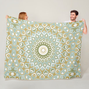 Earthy Mandala in Green, Gold, and Soft Blue Fleece Blanket