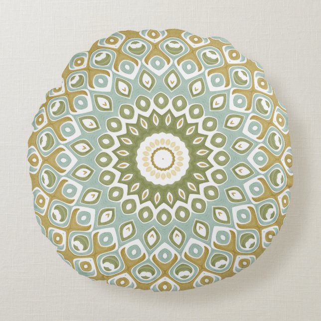Earthy Mandala in Green, Gold, and Soft Blue Round Pillow (Front)