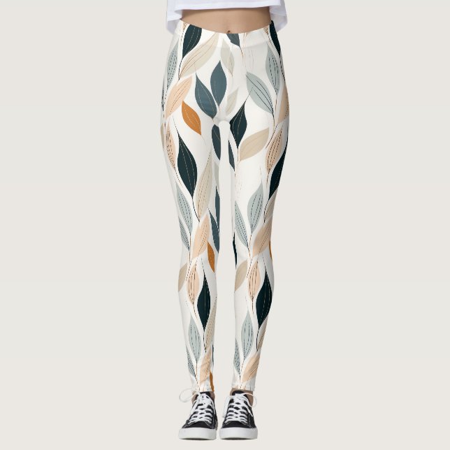 Earthy Minimal Leaf Pattern in Neutral Botanical Leggings (Front)