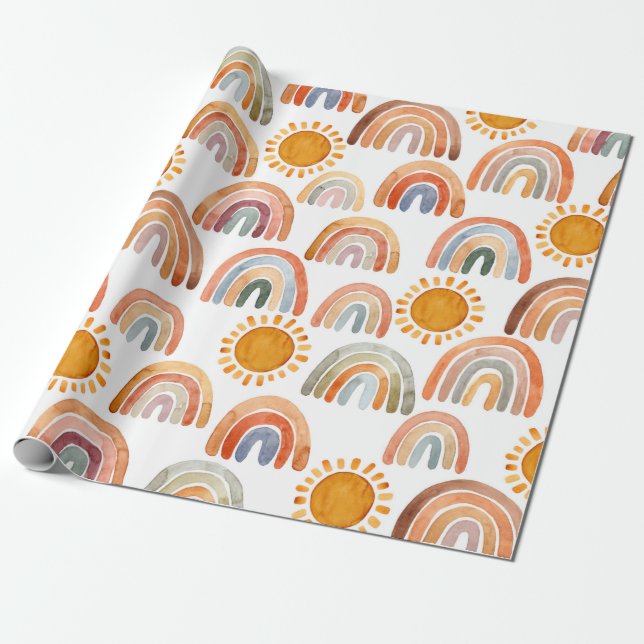 Earthy Modern Boho Rainbow and Sun   Wrapping Paper (Unrolled)