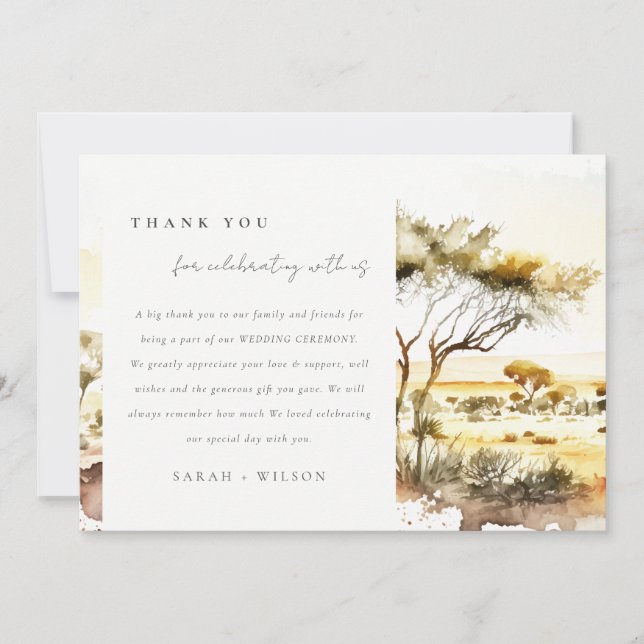 Earthy Muted Watercolor African Landscape Wedding Thank You Card (Front)