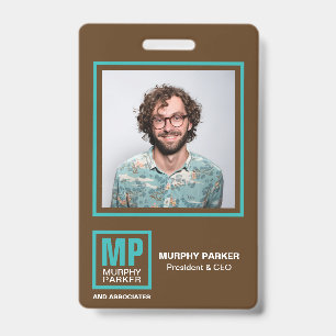 Earthy Natural Brown Turquoise Monogram Logo Photo Badge