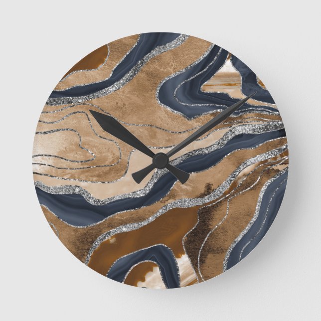 Earthy Navy Blue Marble Agate Silver Glitter 1 Round Clock (Front)