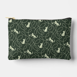 Earthy Neutral Cat and Yarn Ball Forest Sage Green Accessory Pouch