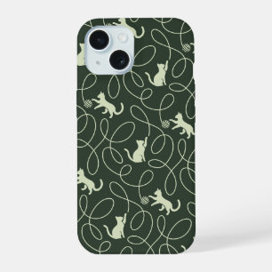 Earthy Neutral Cat and Yarn Ball Forest Sage Green iPhone 15 Case