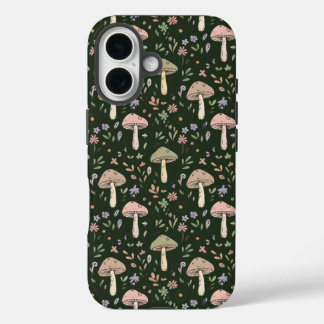 Earthy Olive Green Fungi Seamless Pattern Boho iPhone 16 Case