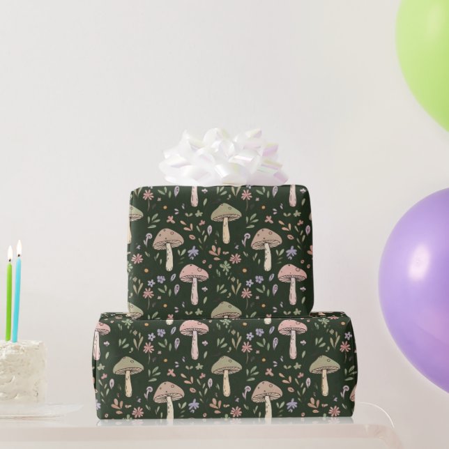 Earthy Olive Green Fungi Seamless Pattern Wrapping Paper (Party Gifts)