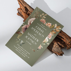 Earthy Olive Green Wedding   Boho Floral QR Code Invitation