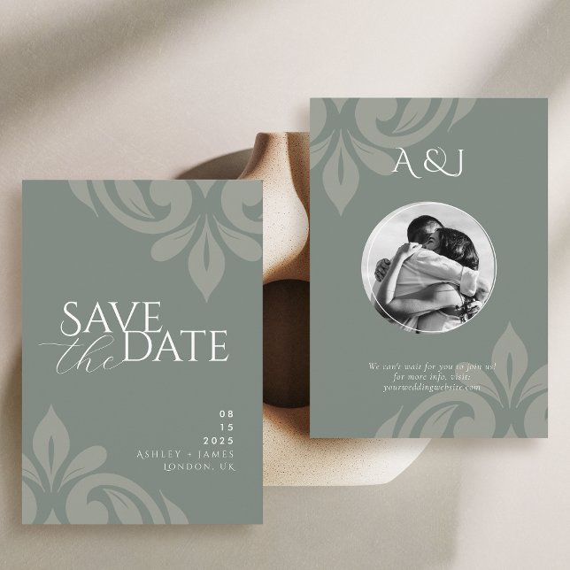Earthy Olive Script Damask Photo Wedding Save The Date (Creator Uploaded)