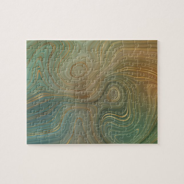 Earthy Olive Strata | Green and Gold Ink Agate Jigsaw Puzzle (Horizontal)