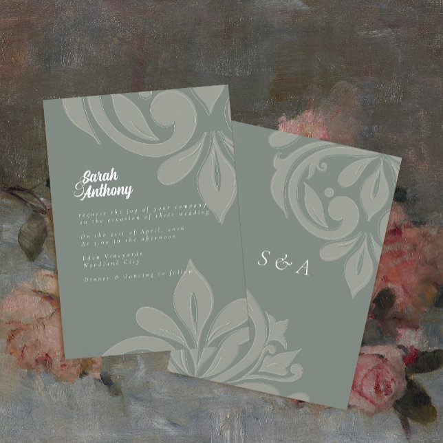 Earthy Olive Tasteful Elegant Damask Wedding Invitation (Creator Uploaded)