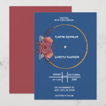 Earthy Orange Roses Floral Navy Blue Wedding Invi
