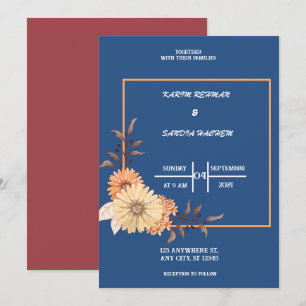 Earthy Orange Roses Floral Navy Blue Wedding Invitation