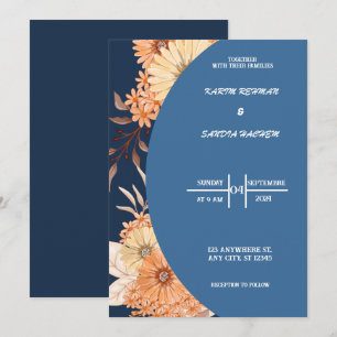 Earthy Orange Roses Floral Navy Blue Wedding Invitation