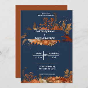 Earthy Orange Roses Floral Navy Blue Wedding  Invitation